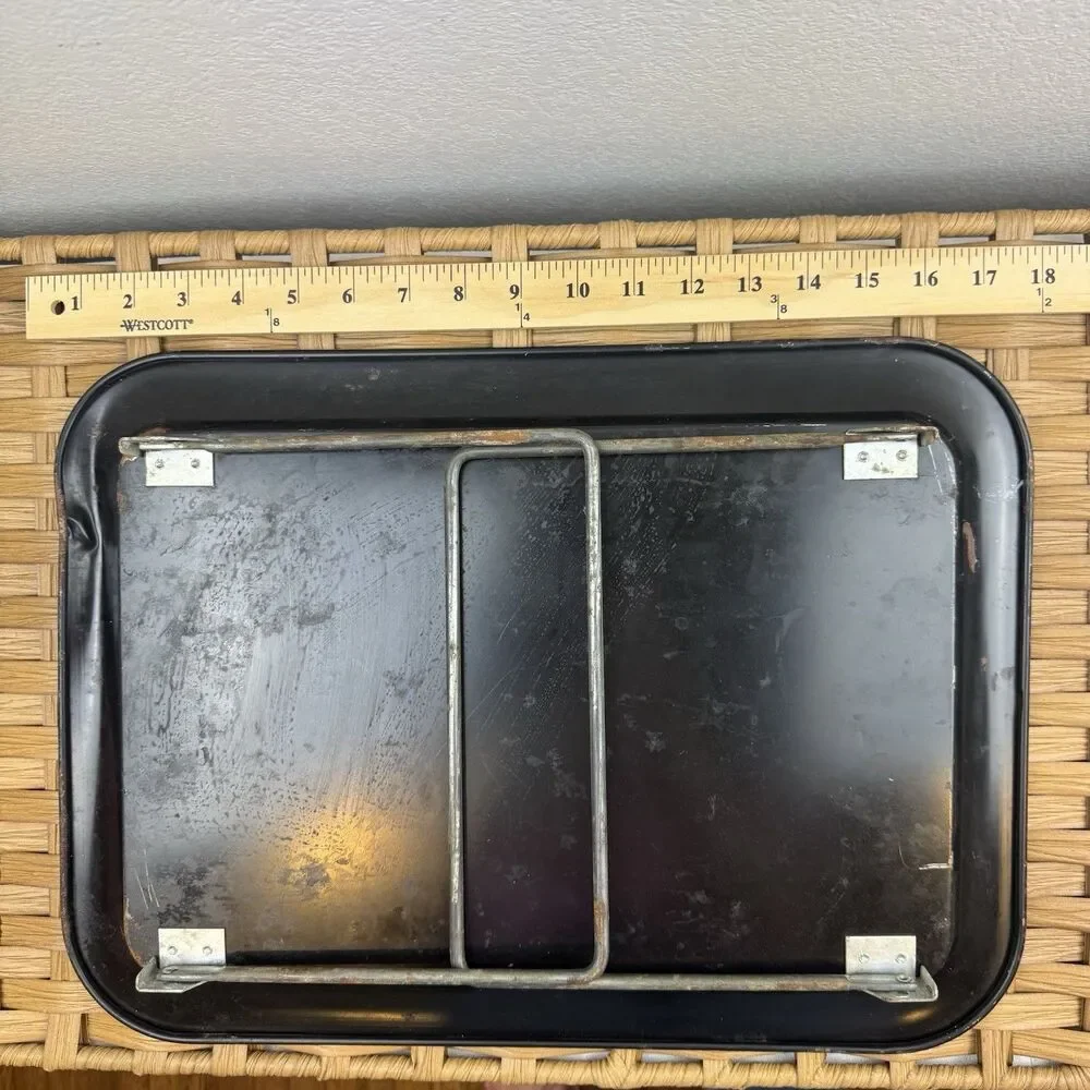 Vintage Floral Painted Metal Serving Tray, Black Rectangle w/ Handles 18x12